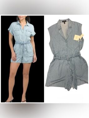 Ellen Tracy Denim Romper Jumpsuit Shorts Medium| Drawstring Elastic Waist Casual
